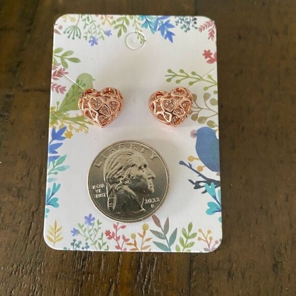 Rose Gold Open Work Heart Post Earrings - Picture 3 of 4